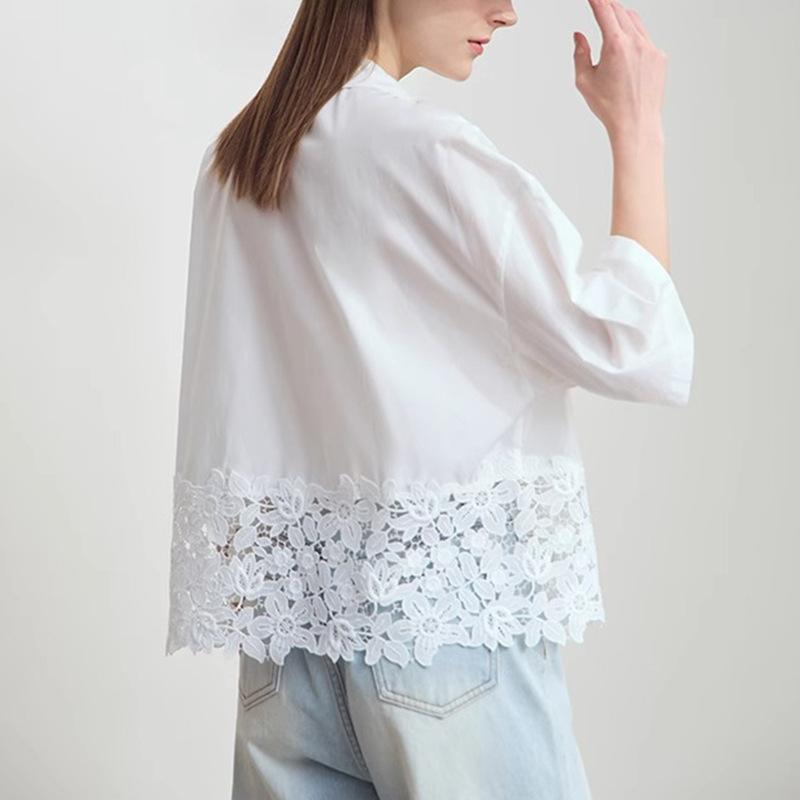 White Lapel Seven-quarter Sleeve Hollow Embroidered Top Womens Summer Updated Top