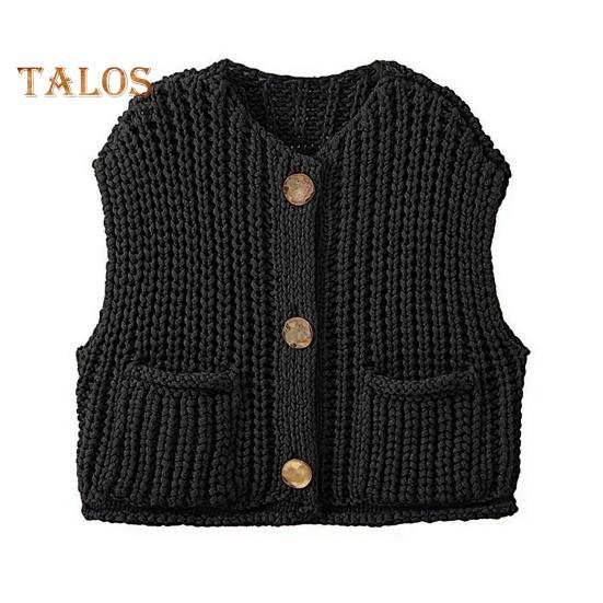 

Женский свитер-жилет с V-образным вырезом, без рукавов, на пуговицах, кардиган с карманами, однотонный, свободный крой, вязаный крючком топ M чёрный