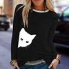 Womens Casual Cat Print Shirts  Long Sleeve Top Loose T-Shirt Blouse