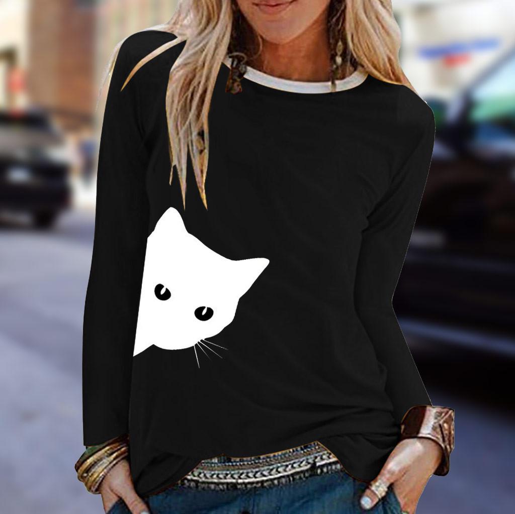 Womens Casual Cat Print Shirts  Long Sleeve Top Loose T-Shirt Blouse