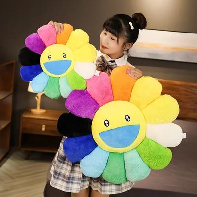 Rainbow Sunflower Plush Cushion Cute Smile Flower Pillow Sunflower Stuffed Soft Office Sleeping Back Cushion Sofa Decorations