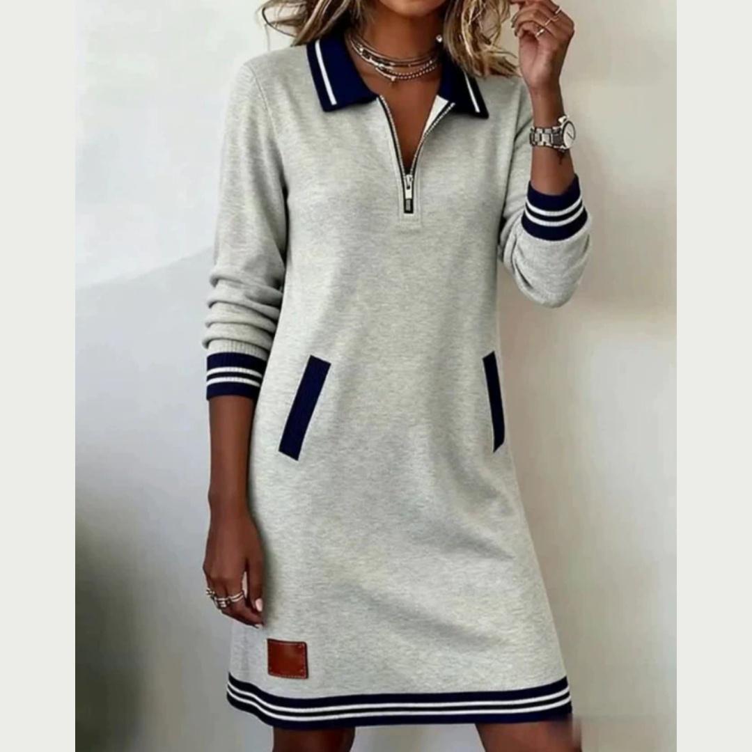 

Жіноча мода Весна-Осінь Лацкан Блискавка Довгий рукав Кольорове поєднання Кишеня Сукня XXL сірий