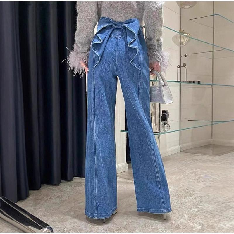 Trendy Women's Fashion Back Bow Design Jeans High Waisted Straight Leg Denim Pants 2025 Spring New Arrival Female Solid Color Jean