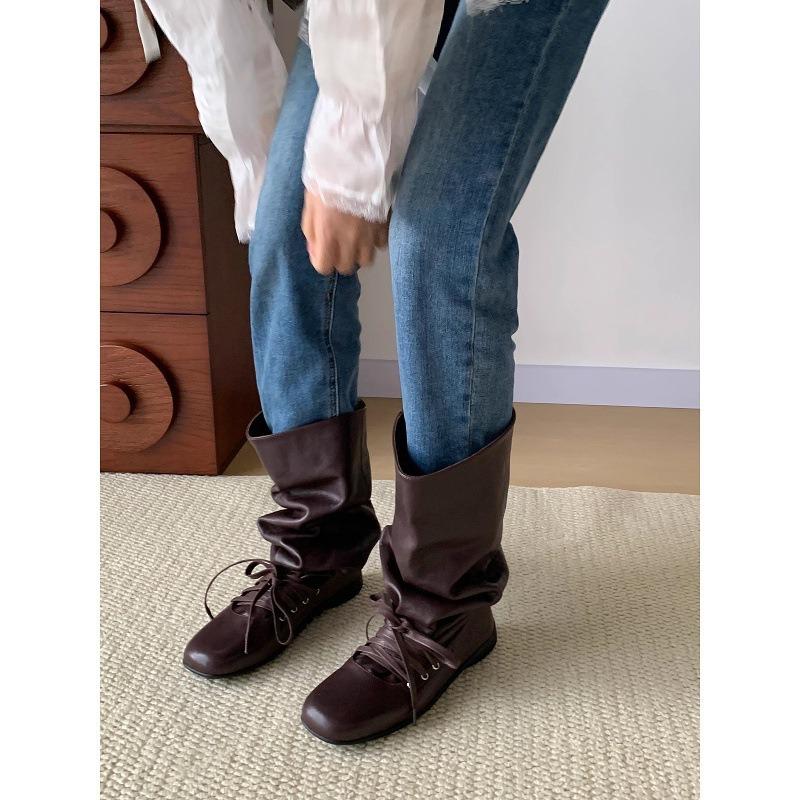 Super soft lambskin~ leather square head pleated western pile boots women's retro thick-soled big tube circumference knight boots long boots