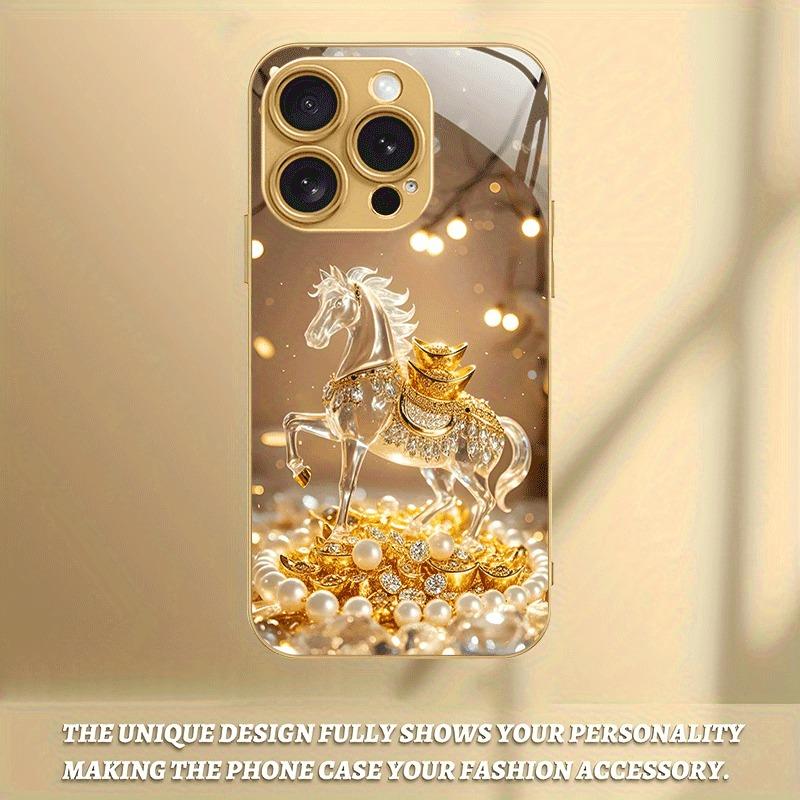 Crystal Golden Horse Pearl Ingot Metallic Paint Glass Phone Case For iPhone 17 16 15 14 13 12 11 Pro Max Plus 17 Air 16E Cover