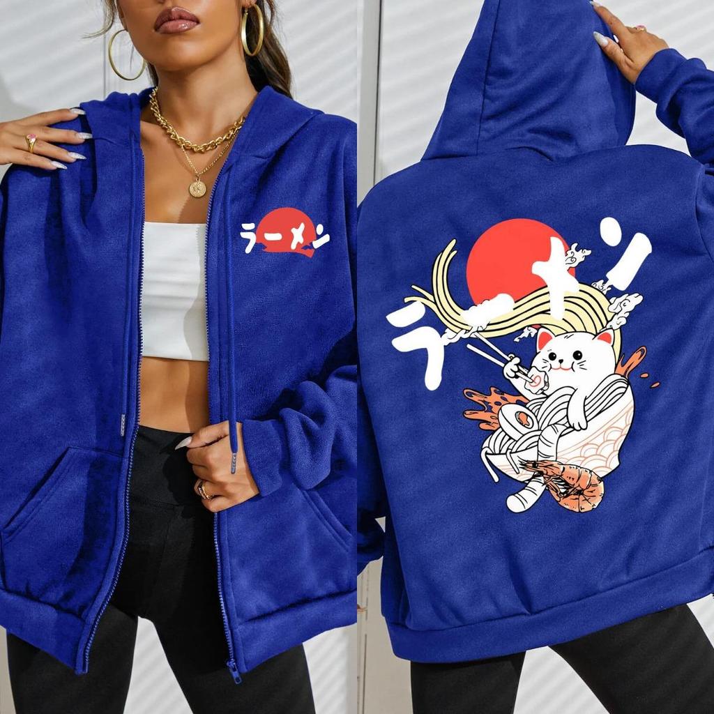 Japanese Delicious Noodle Cat Prints Zipper Hoodie Women Street Fleece Hoody Fashion Sportswears Autumn Loose Sportswear