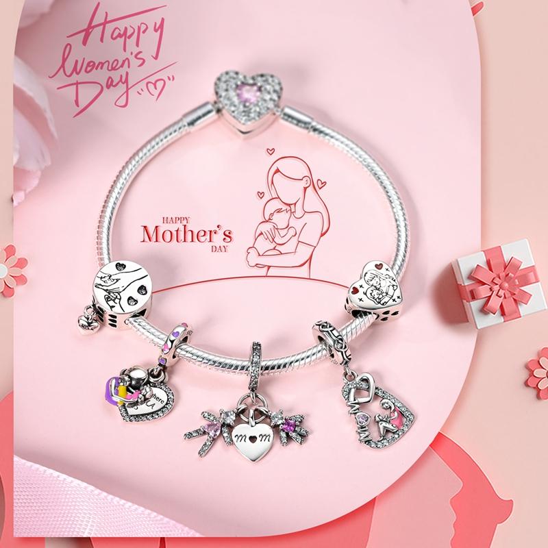 Original Copper Charm Bead Mother'S Day Love Heart Family Charm Bead Pendant Fits Bracelet Womens Jewelry Gifts