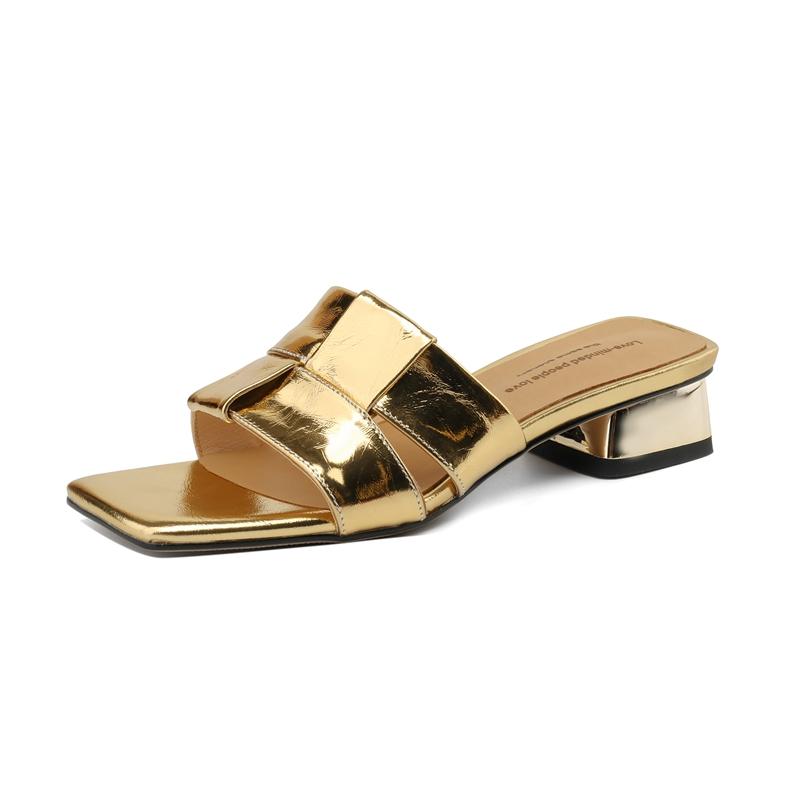 

Fashion Women s New Spring/Summer European and American Square Head Leather Heavy Metal Mid Heel Large Open Toe Slippers 220 золотой