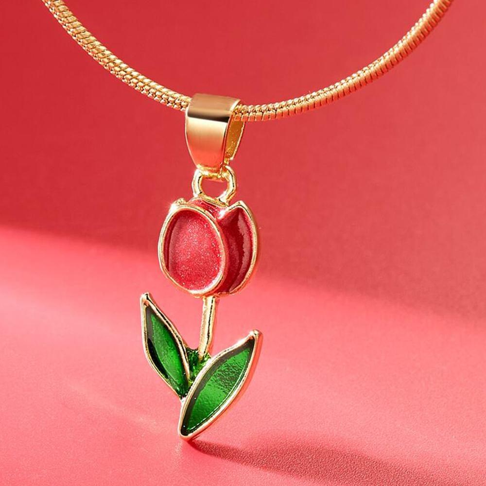 Purple Flower Green Leaf Pendant Necklace For Women Tulip Flower Girls Cute Necklace Gorgious Daily Wear Fashion Jewelry