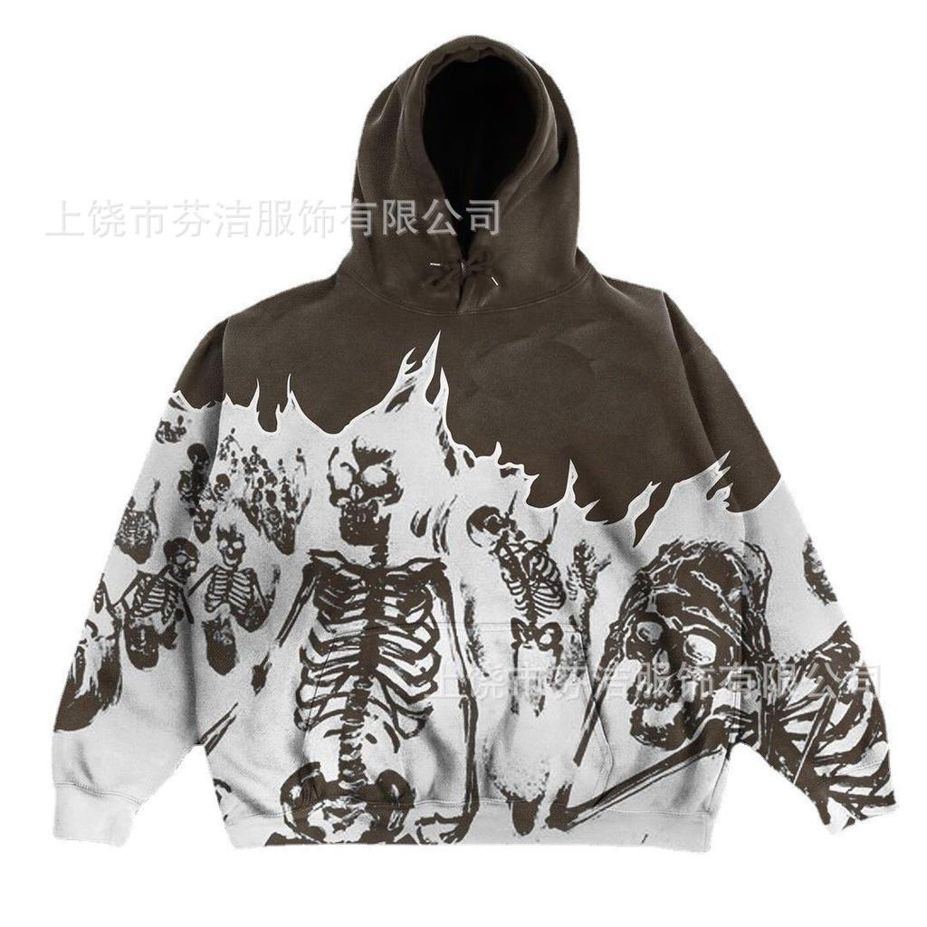 American high street skull skeleton hooded sweater men's and women's trendy brand loose dark street pullover