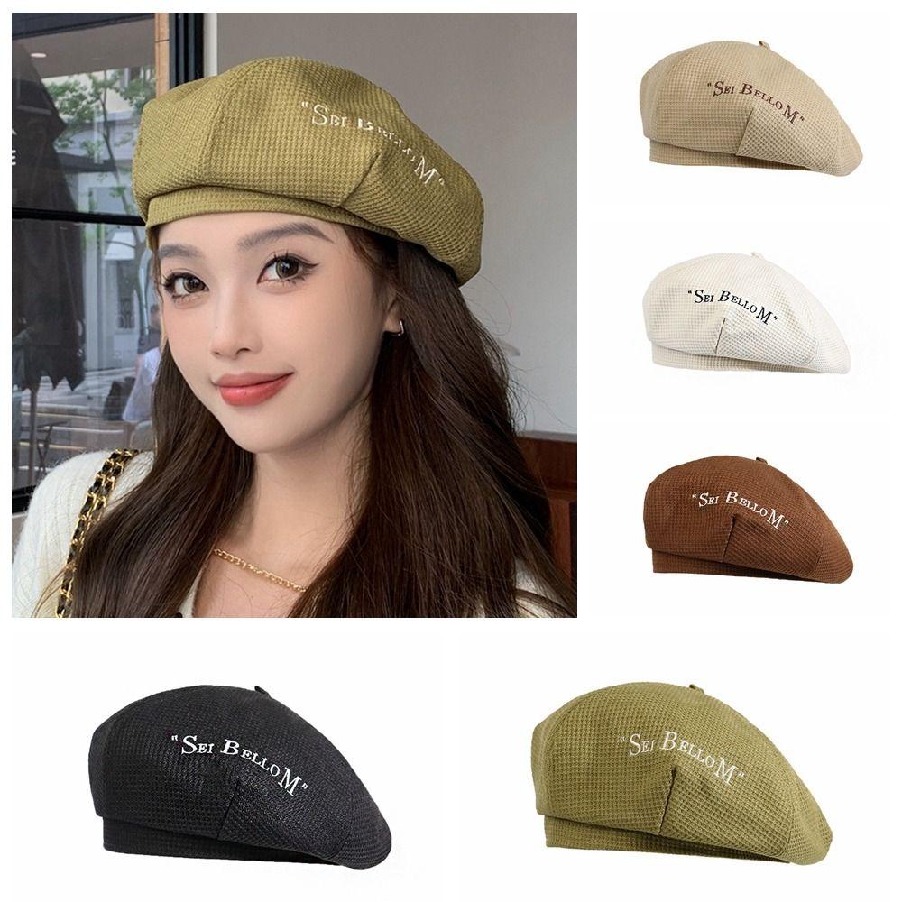 

Korean Style Octagonal Hat Embroidery Painter Hat Retro Letter Beret Girl бежевый