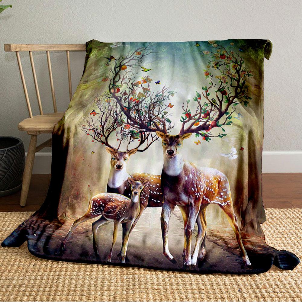 Deer with elaborate antlers resembling trees decorated with flowers and fruit. for all seasons blanket lunch break throw gift