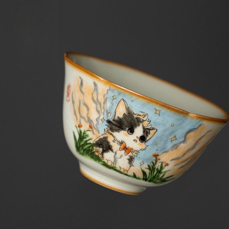 Ru Klin Cute Hand Painted Cat Teacup Ceramic Retro Porcelain Tea Cup Master Cup Tasting Mug Chinese Kung Fu Japanese Tea Teaware