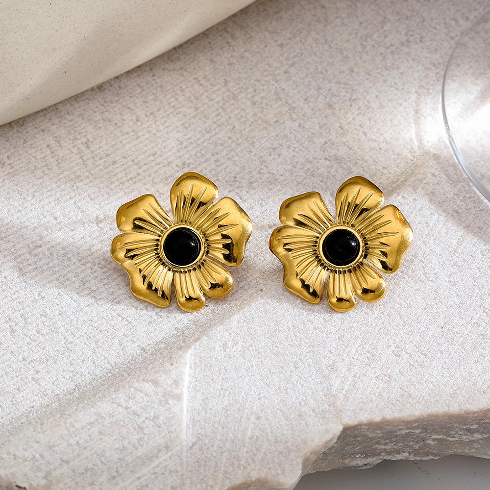 Polished Stainless Steel Pearl Stud Earrings for Women - Irregular Geometric Flower Design
