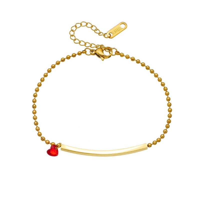 Bracciale a Catena a Palline Placcato Oro con Barra e Cuore Rosso in Zirconia Cubica