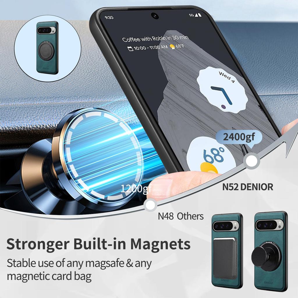 DENIOR A14 For Google Pixel 9 Pro XL Magnetic Case Rotary Kickstand Leather PC TPU Phone Cover