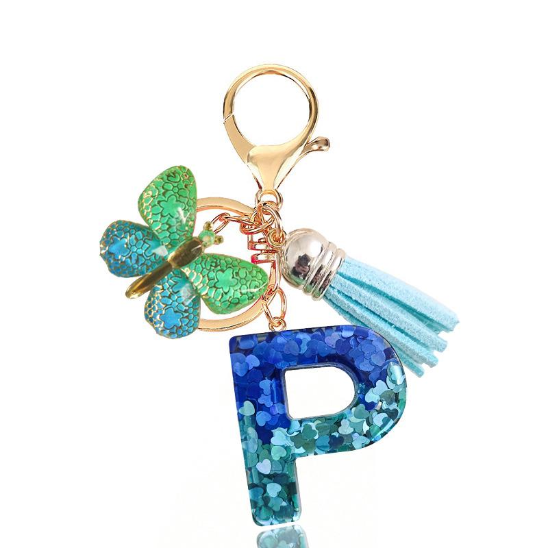 Blue Series 26 Epoxy Letter Keychain Holiday Love Fringe Accessories Gradual Change Butterfly Keychain