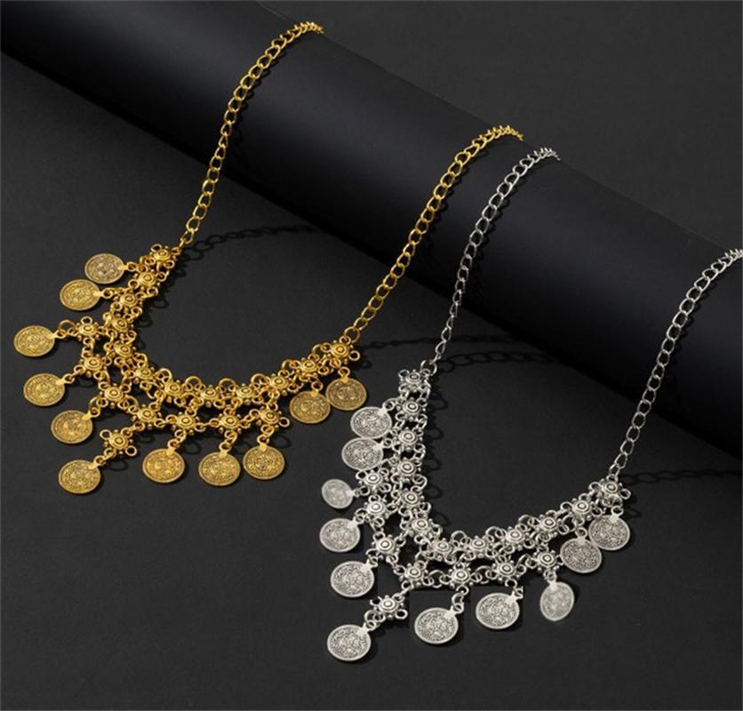 Vintage Metal Coin Tassel Choker Necklace for Women Retro Gold Silver Color Coin Fringe Clavicle Chain Party Collar Jewelry Gift