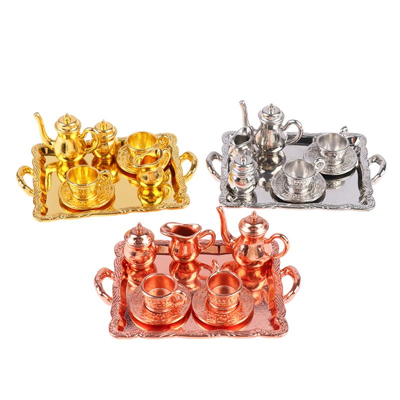 8Pcs/Set Dollhouse Miniature Square Plate Metal Wine And Tea Set