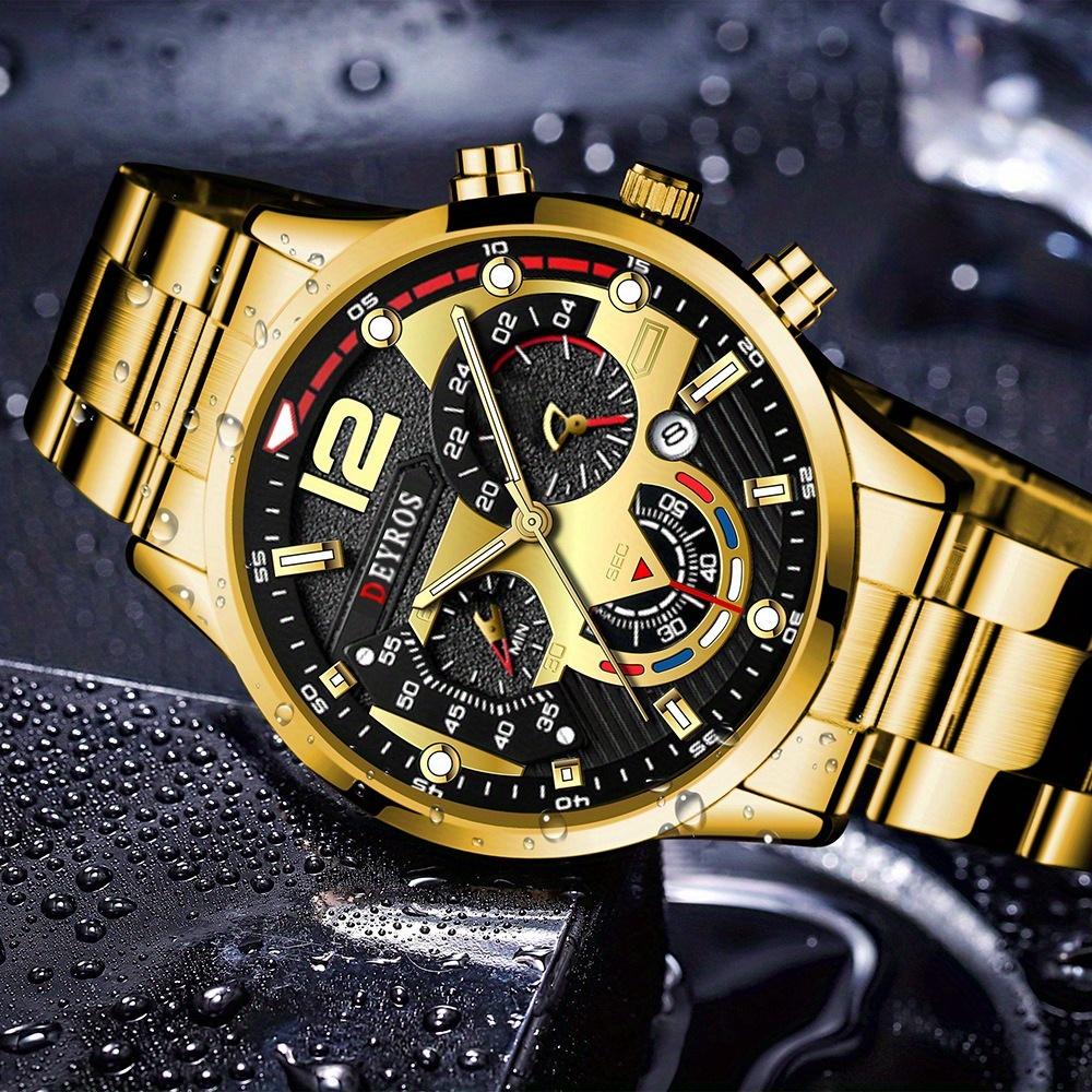 2PCS Set Fashion Business Luxury Men's Quartz Watch Stainless Steel Strap Date Watch & Bracelet, Men's Gifts