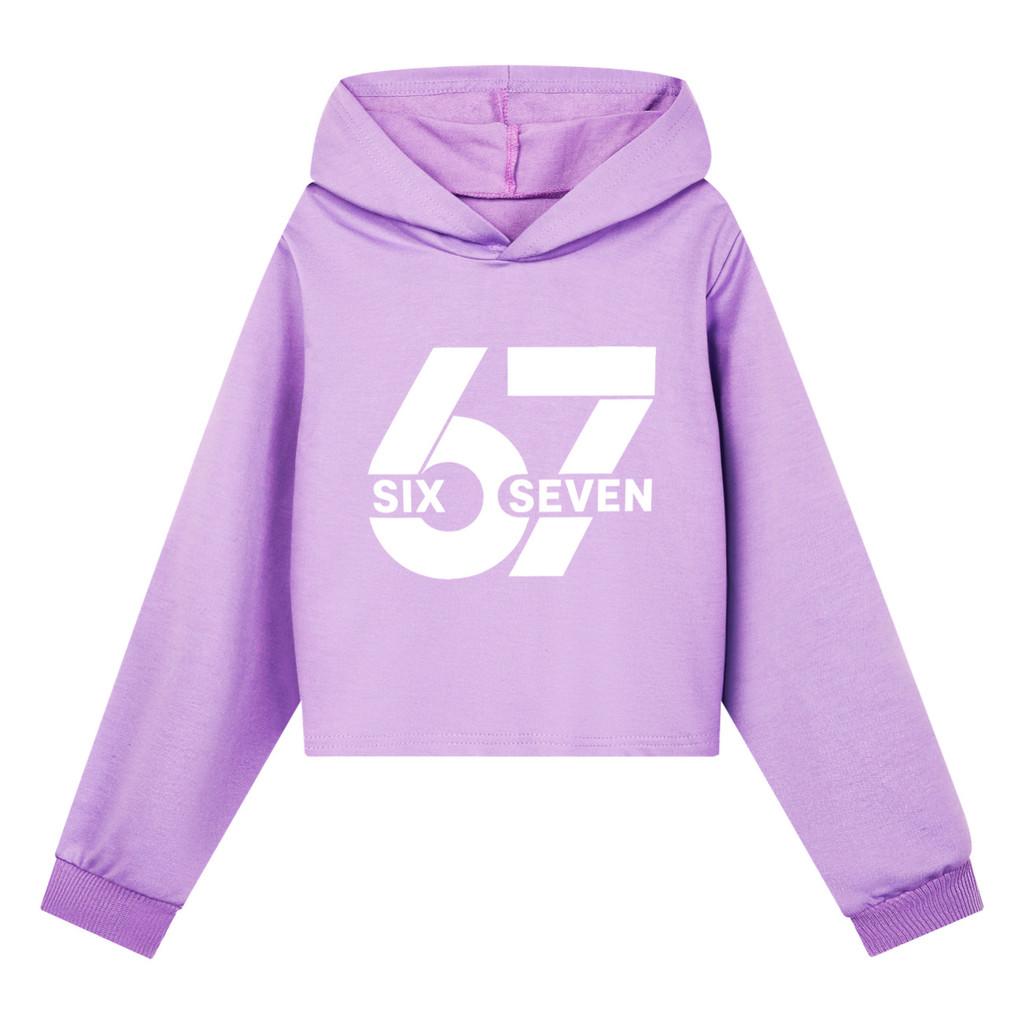 5398 Girls Steal a Brainrot 67 Printed Round Neck Long Sleeves Short Hoodies 110cm