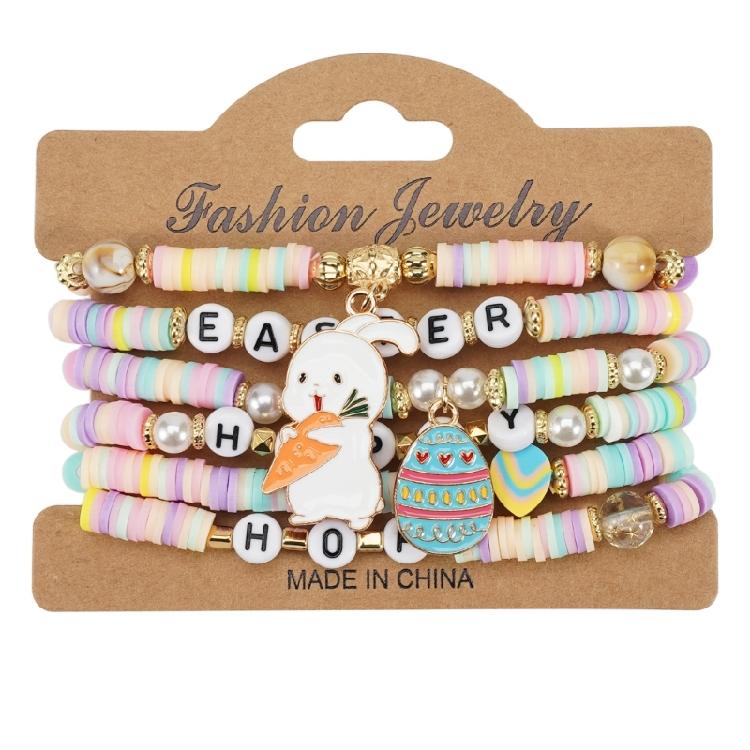 Easter Theme Polymer Clay Bead Bracelet Set of 6 Unique Designs Ornament for Holiday Celebrations and Daily Wear