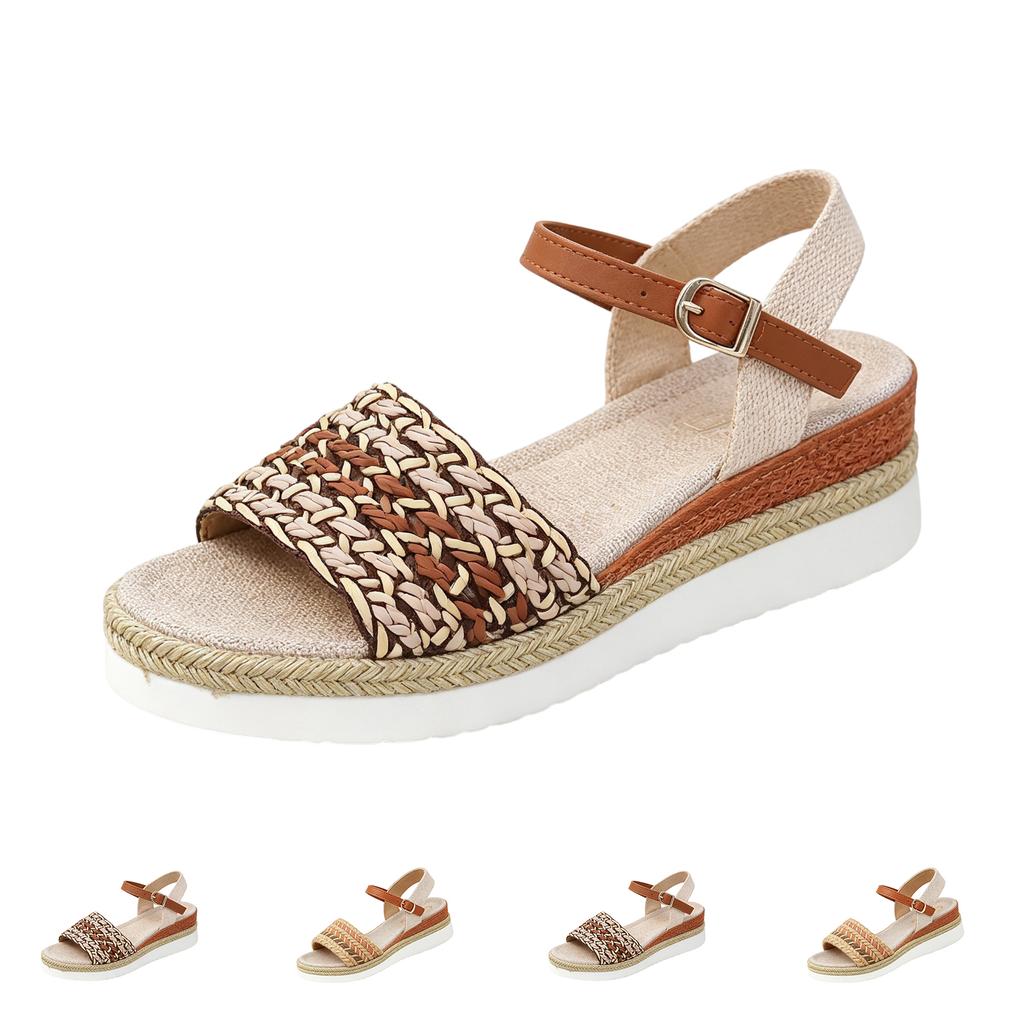 Womens Woven Rope Wedge Sandals Open Toe Buckle Strap Platform Shoes Casual Summer Footwear