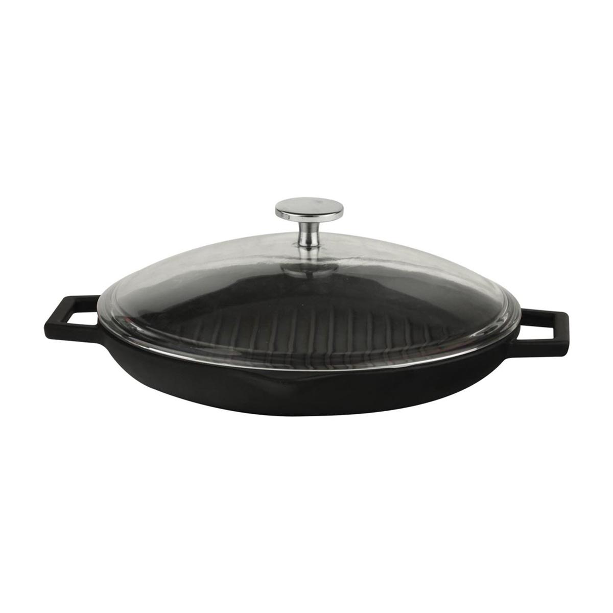 Lava Cast Iron Round Grill Pan. Glass Lid, Dual Handle, Dia. Ø 26cm.