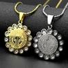 Colar Pingente Medalha de São Bento com Strass Católico para Mulheres Homens Aço Inoxidável Cor Dourada Corrente San Benito Joias