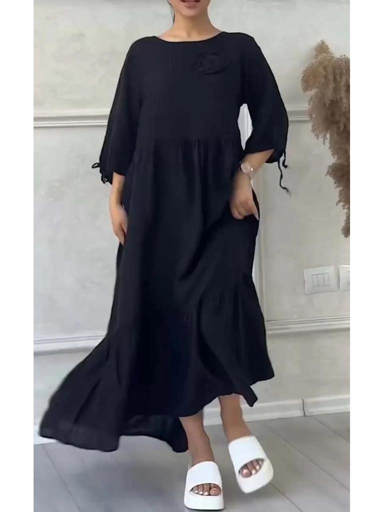 2024 EU & US Style Women's Round Neck Gathered Long Sleeve Drawstring Back Tie Solid Casual Dress