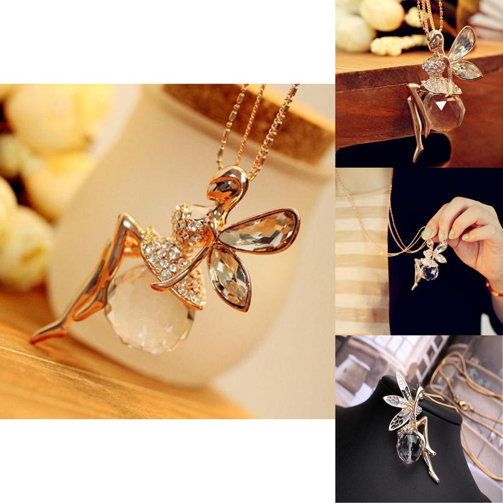 Elegant Fashion Women Crystal Fairy Angel Wing Pendant Long Chain Necklace Gift