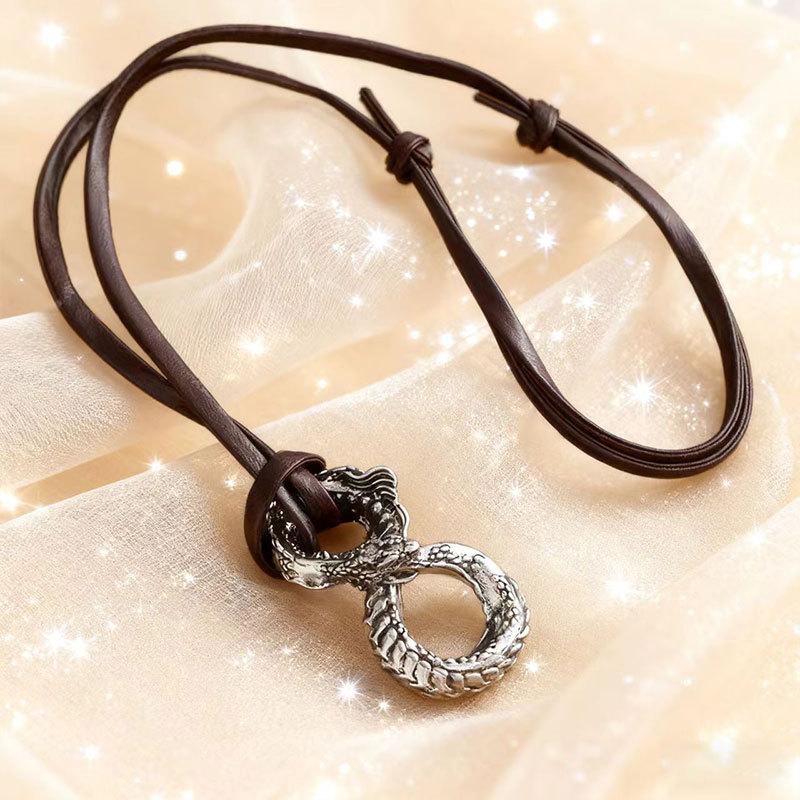 Game Merchandise Domineering Viking Eight-Character Dragon Leather Rope Necklace High-End Alloy Retro Trendy Cool Personality Men'S Neck Chain