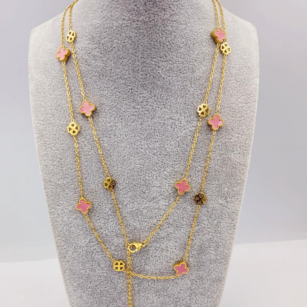 Titanium Steel 9MM Four-leaf Flower 20 Flowers Sweater Chain 90CM Double-sided Lucky Four-leaf Clover Necklace Spring Fall and Winter Necklace