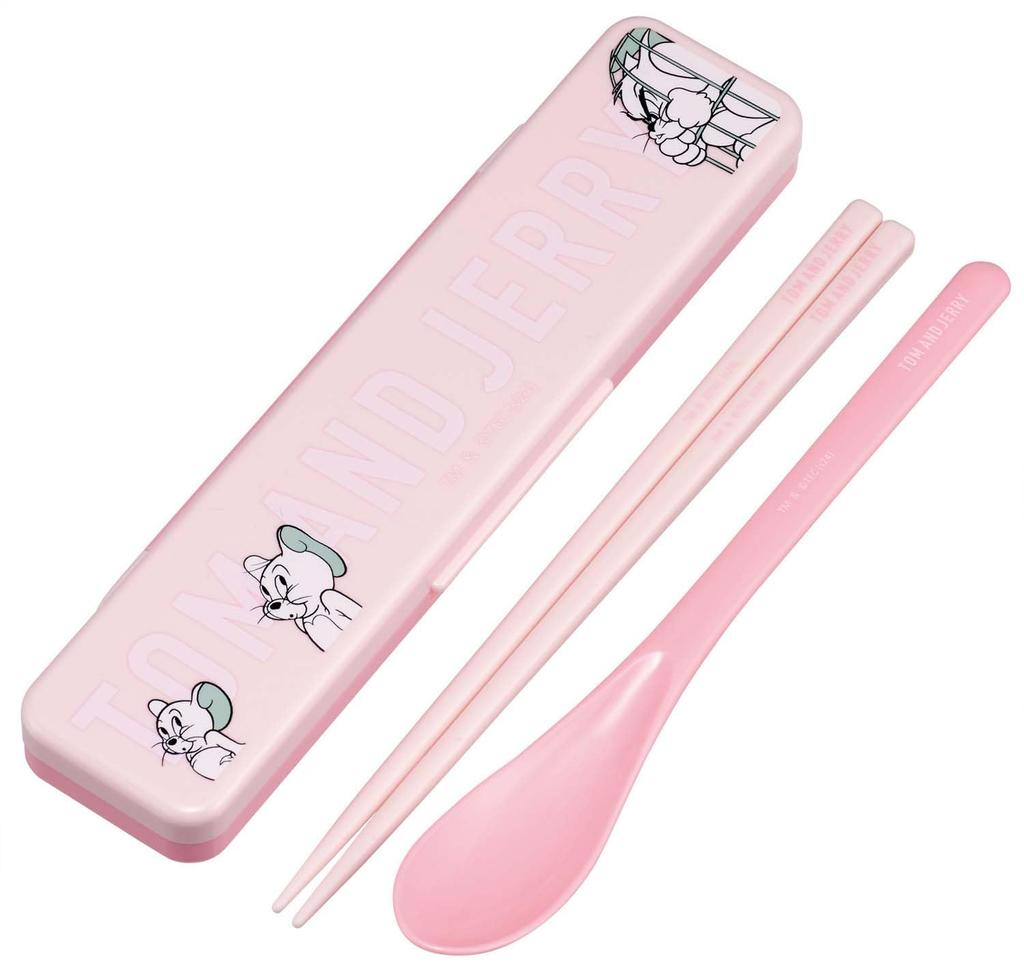 Skater Chopsticks and Spoon Combo Set, 18cm, for Adults, with Silicone Cushion for Silent Use, Made in Japan, Tom and Jerry Friends Design, CCS3SAAG-A
