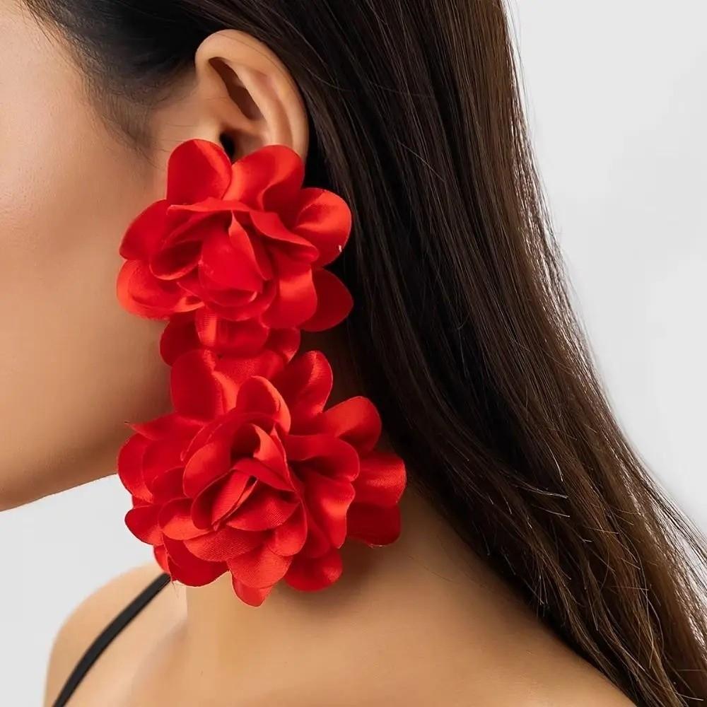 Exaggerated Flower Dangle Earrings Bohemian Satin Earrings Vintage Floral Earrings Casual Wear
