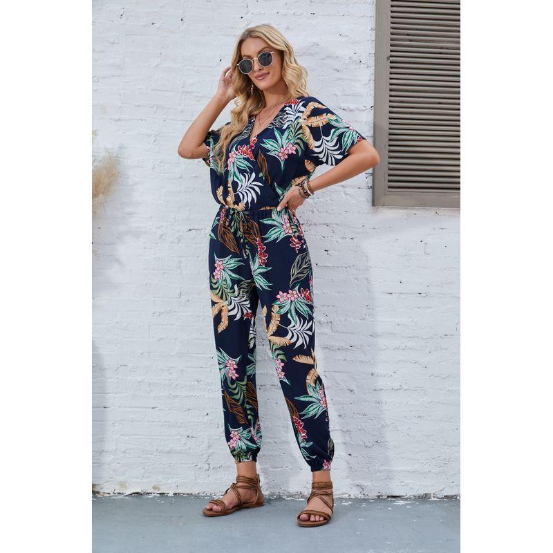 

Jumpsuit V Neck Leaves Girdle Pants Flowers Navy 2XL