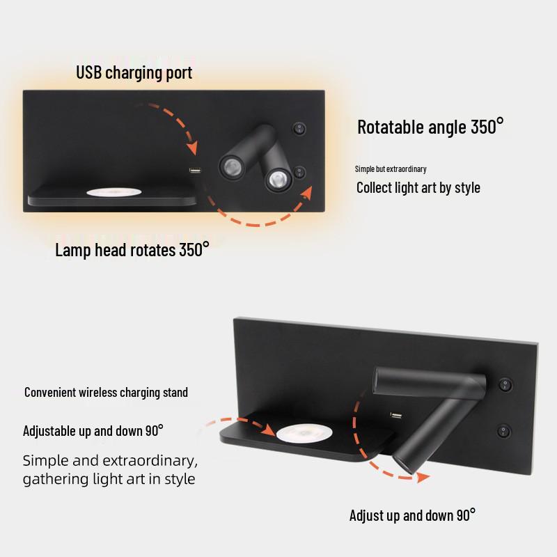 Minimalist LED Bedside Wall Light with Wireless Charger & USB Reading Light