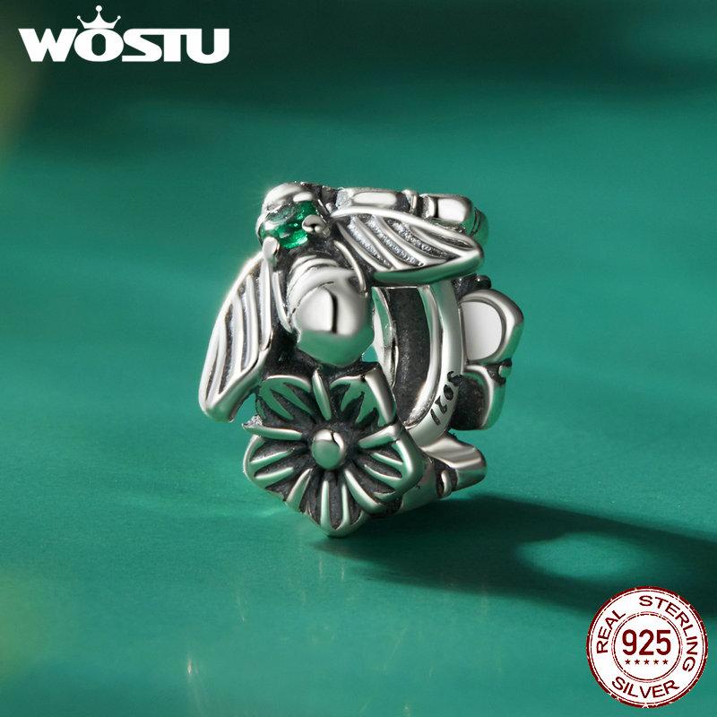 WOSTU 925 Sterlingsølv Lucky Firkløver Ladybug Charms Bee Beads Passer originalt armbånd DIY