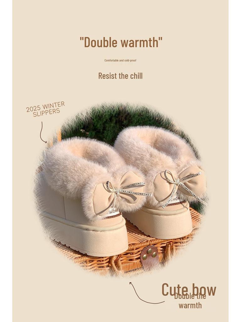 Women's and Men's Winter Non-Slip Thick-Soled Height-Boosting Fur-Trimmed Bowknot Plush Cotton Snow Boots