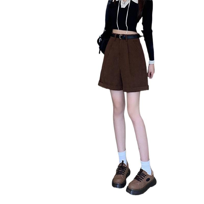 Corduroy Cuffed Straight Leg Shorts for Women - Autumn/Winter Loose Slimming Wide Leg Casual Pants