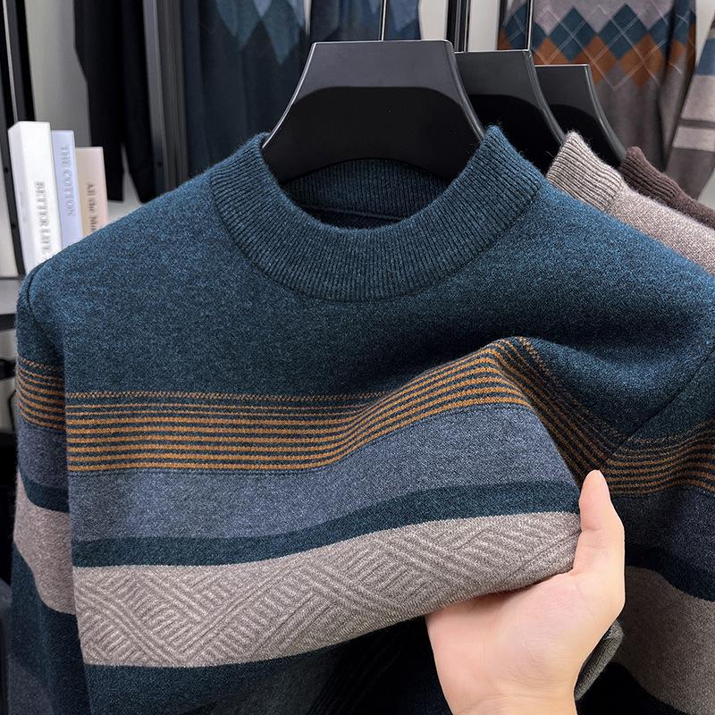 Men's Autumn/Winter 2025 Striped Knit Sweater - Middle-aged, Round Neck, Loose Fit, Elastic, Dad's Wardrobe Essential