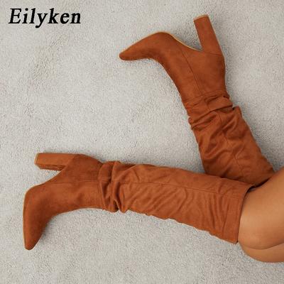 Fashion Eilyken Winter Women Pointed Toe Folds Flock Warm Knee-High Boot Fashion Concise Ladies High Heels Shoes
