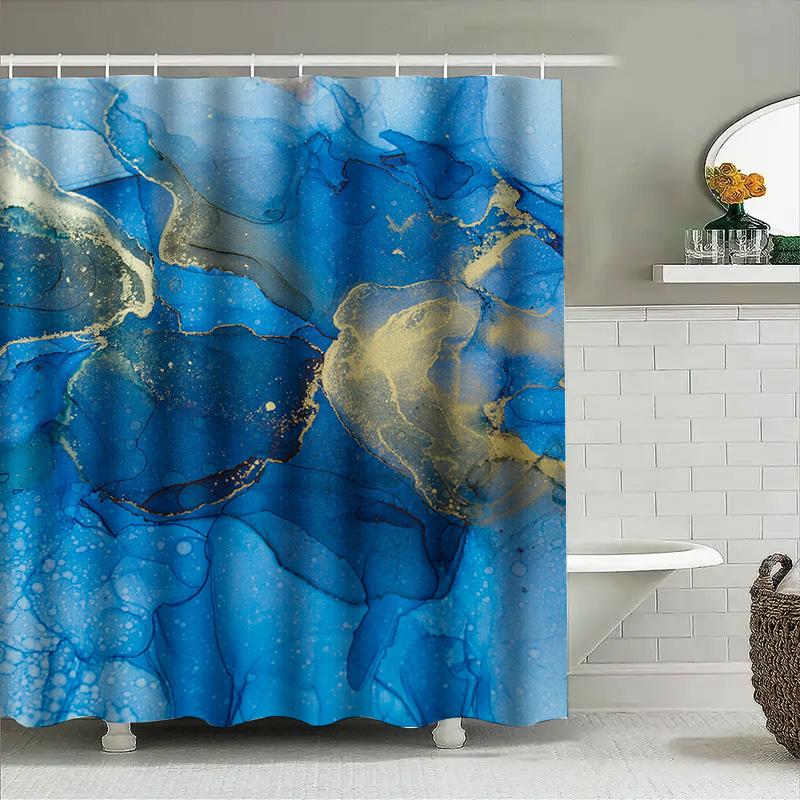 Luxury Marble Blue Gold Shower Curtain Waterproof Bathroom Decor Customizable Size Available