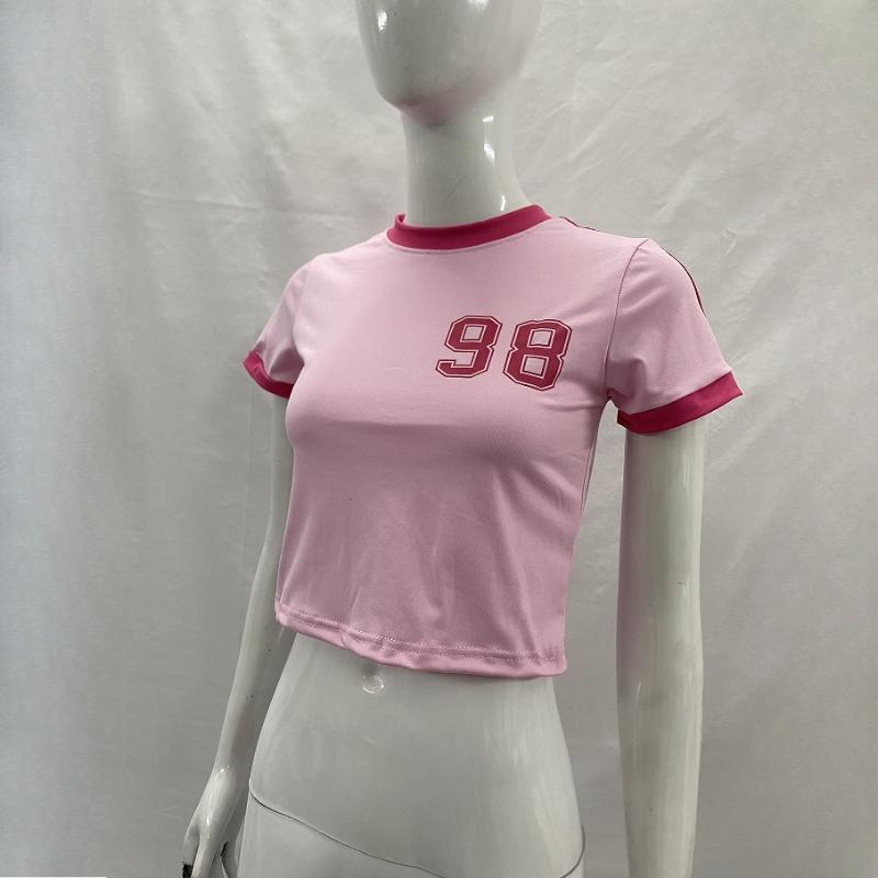 T-shirt crop top à col rond pour femmes européennes et américaines avec impression numérique
