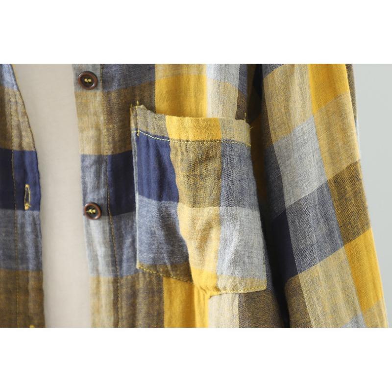 Herbstliches, doppellagiges, kariertes Langarmhemd mit Vintage-Art-Muster aus Baumwollgarn für Damen