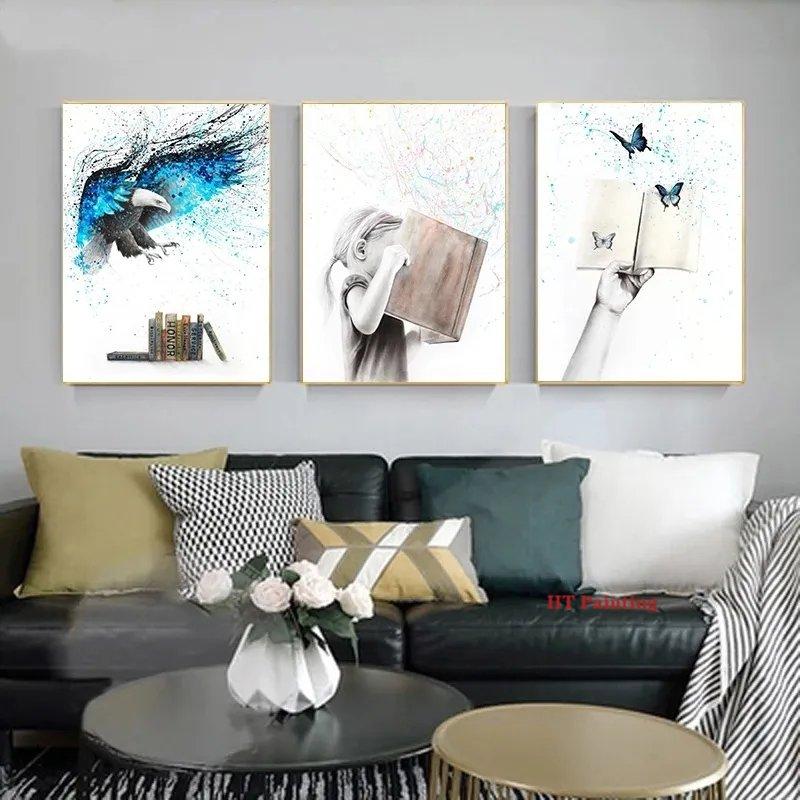 Citind Cărți Poster de Studiu Culoare Splash Desen Animat Pasăre Drăguță Educație Imagini de Perete Pictură pe Pânză Cameră Copii Decor Acasă