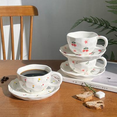 Hand-painted Flower Ceramic Cup and Saucer, Hand-squeezed Irregular Creative Coffee Cup and Saucer, Afternoon Teacup