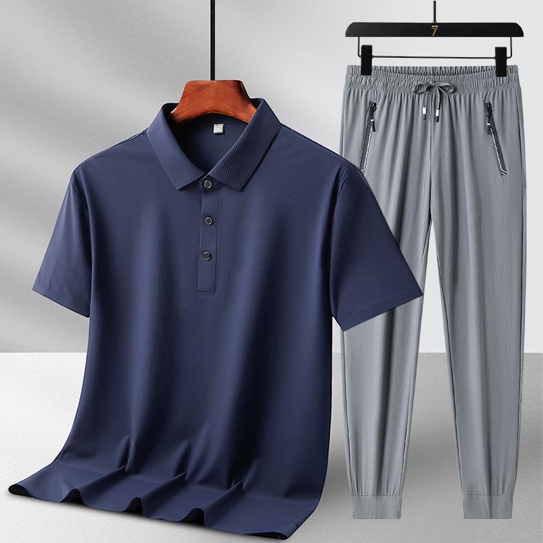 Men's Summer Ice Silk Two-Piece Set: Short Sleeve Top & Long Pants - Casual Sportswear for Father's Day Gift
