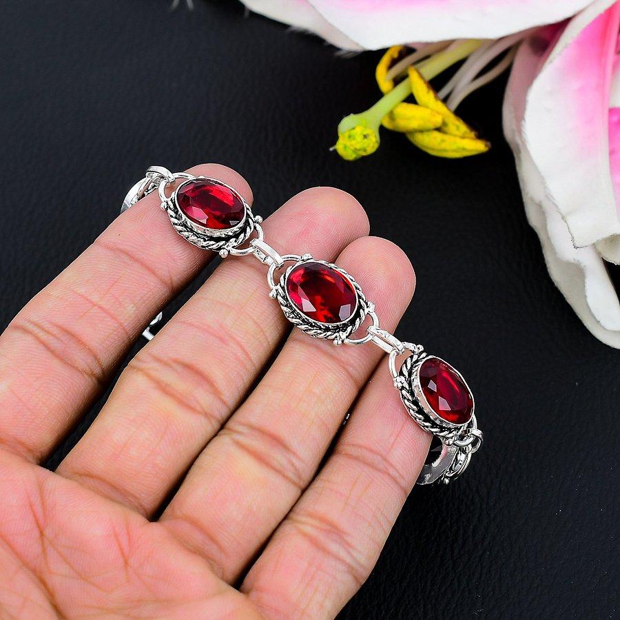Mozambique Garnet Gemstone Handmade 925 Sterling Silver Bracelet 7-8" KG-210