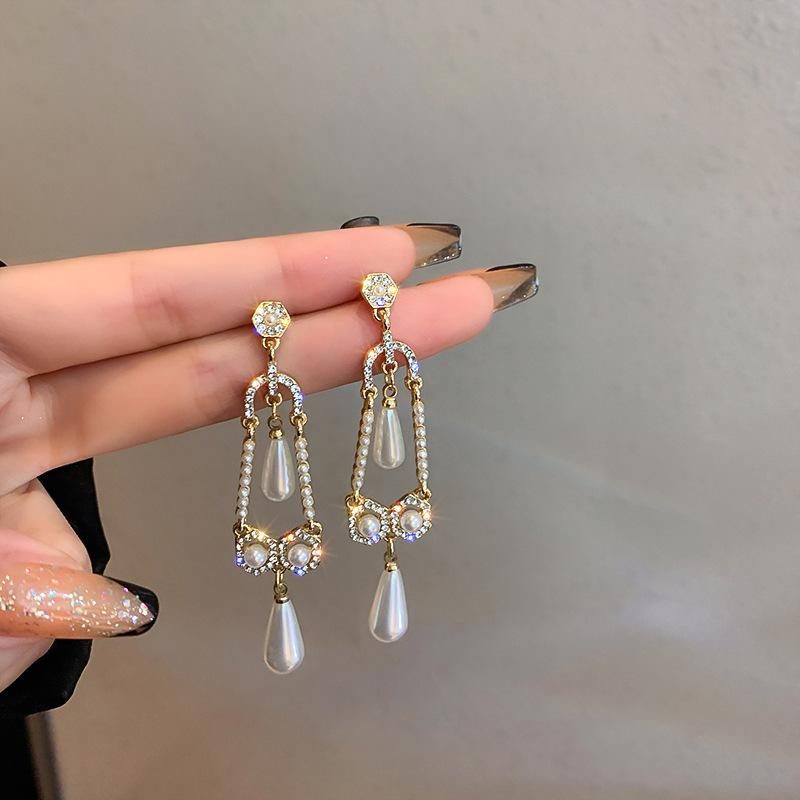 Cercei stud cu design exagerat în formă de fundă și picătură de apă, cercei cu perle, cercei în stil curte, cercei pentru femei